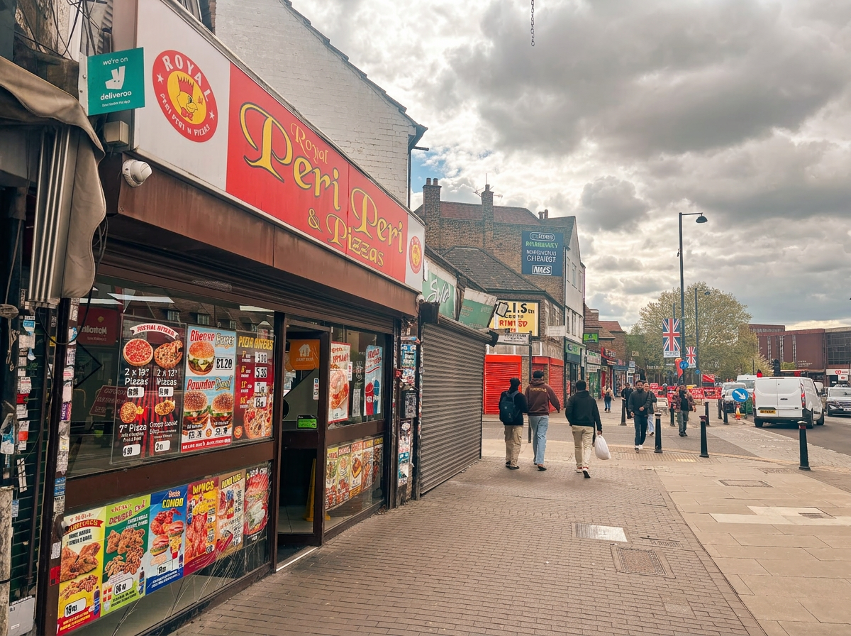 Hayes Town high street view showing Royal Peri Peri shopfront